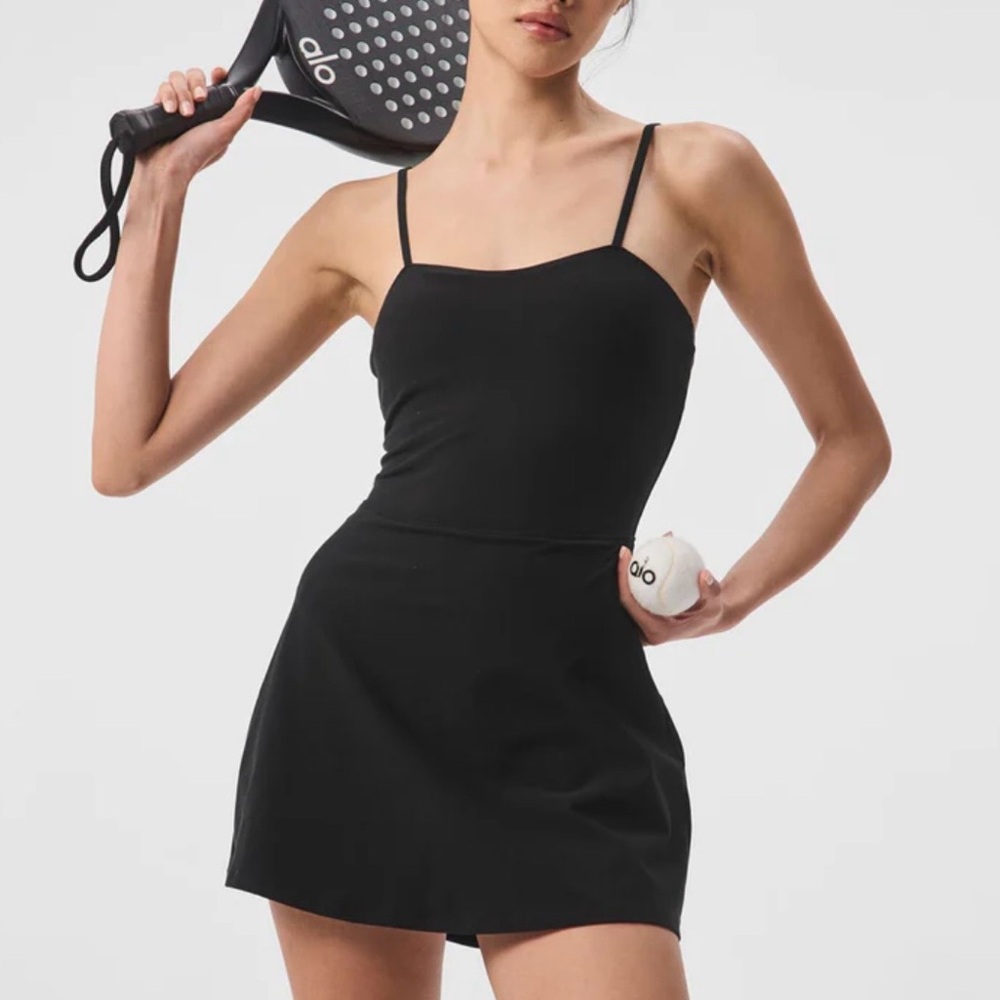 ALO Yoga Courtside Black Spaghetti-Strap Tennis Dress Large